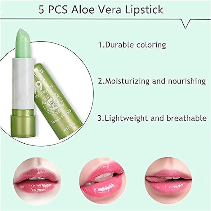 ALOE VERA LIPSTICKS, LONG LASTING MOISTURIZING LIPSTICK,MOISTURIZING LIP BALM, COLOR CHANGING LIP GLOSS LIPSTICK BEAUTY TOOL ALOE VERA LIP CARE BALM 3.5G (5PCS) - Image 3